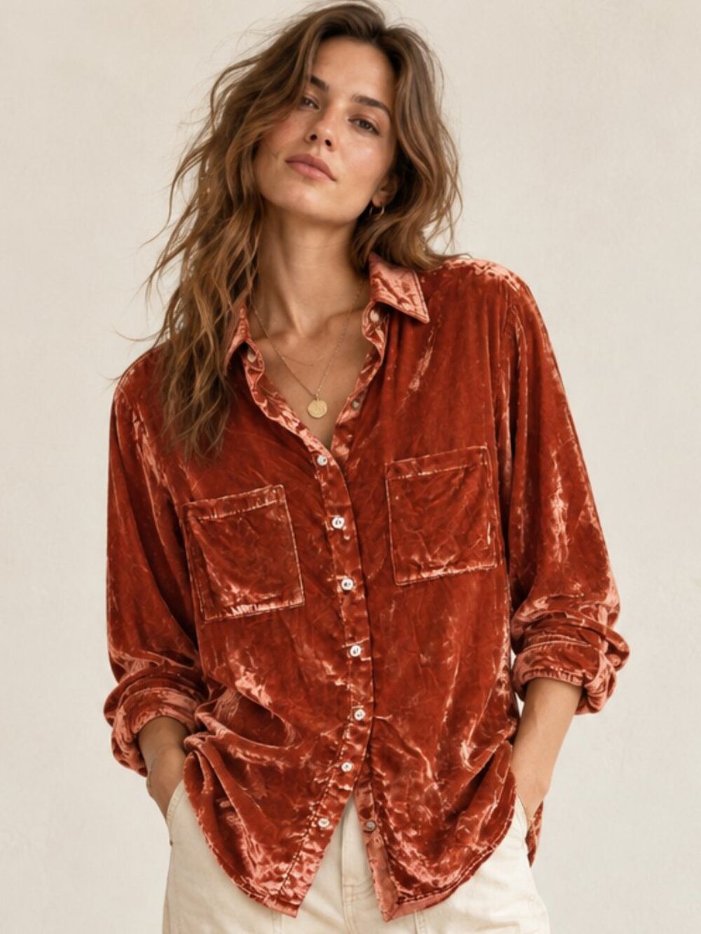 ANTHROPOLOGIE Pilcro Hadley Rust Velvet Relaxed Buttondown Boho Shirt S EUC